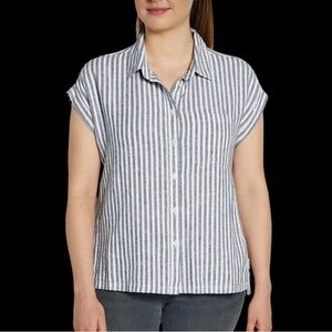 Orvis Classic Shirt Med French Navy Linen Blend Button-Up Beach Stripes Airy Top